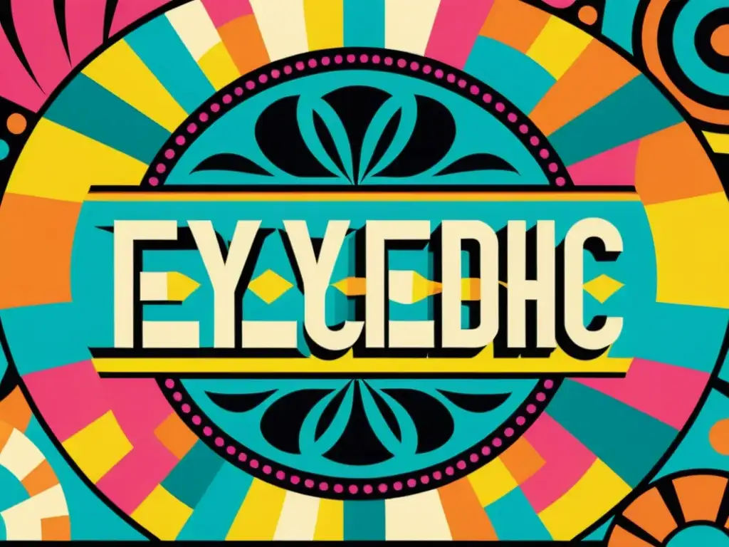 Anuncio vintage con patrones artísticos y tipografía llamativa, evocando la energía de los años 60 en campañas publicitarias