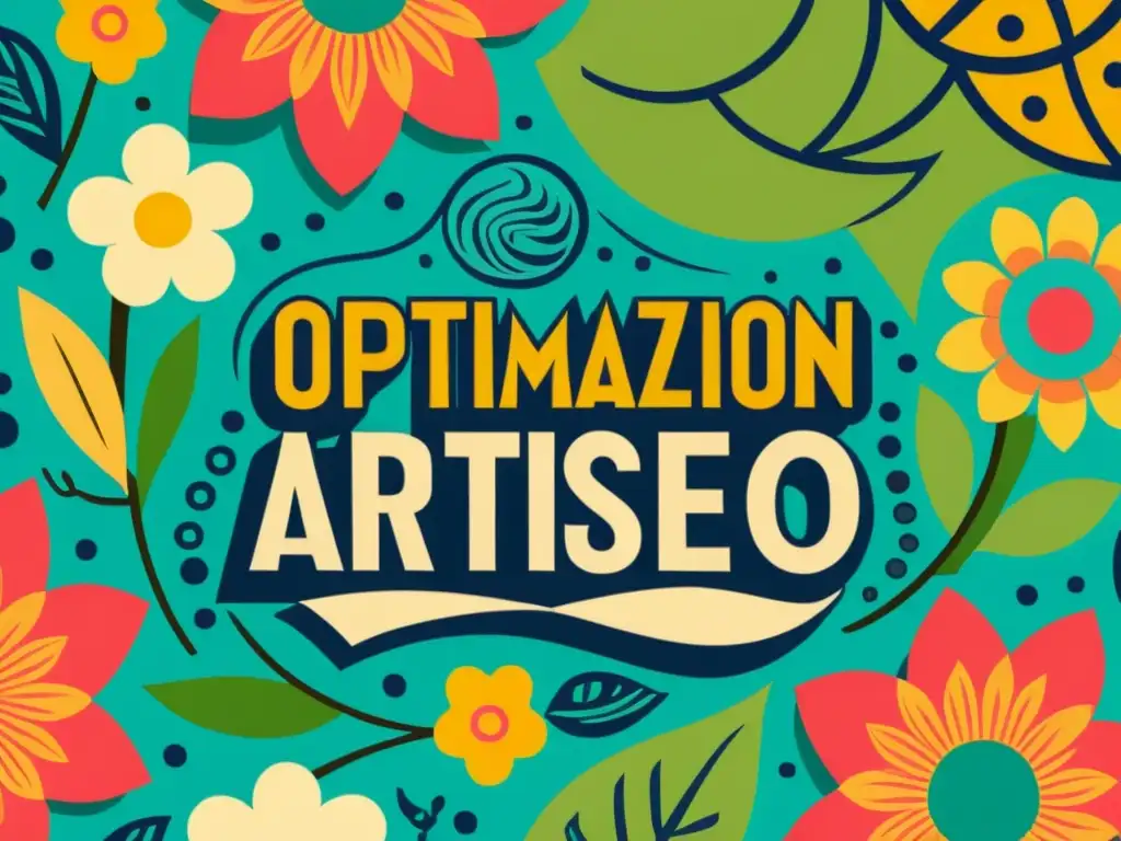 Anuncio vintage con patrones artísticos para SEO en colores vibrantes y letras manuscritas