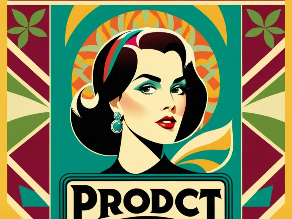 Anuncio vintage con patrones artísticos en publicidad display y diseño retro de mujer elegante y sofisticada