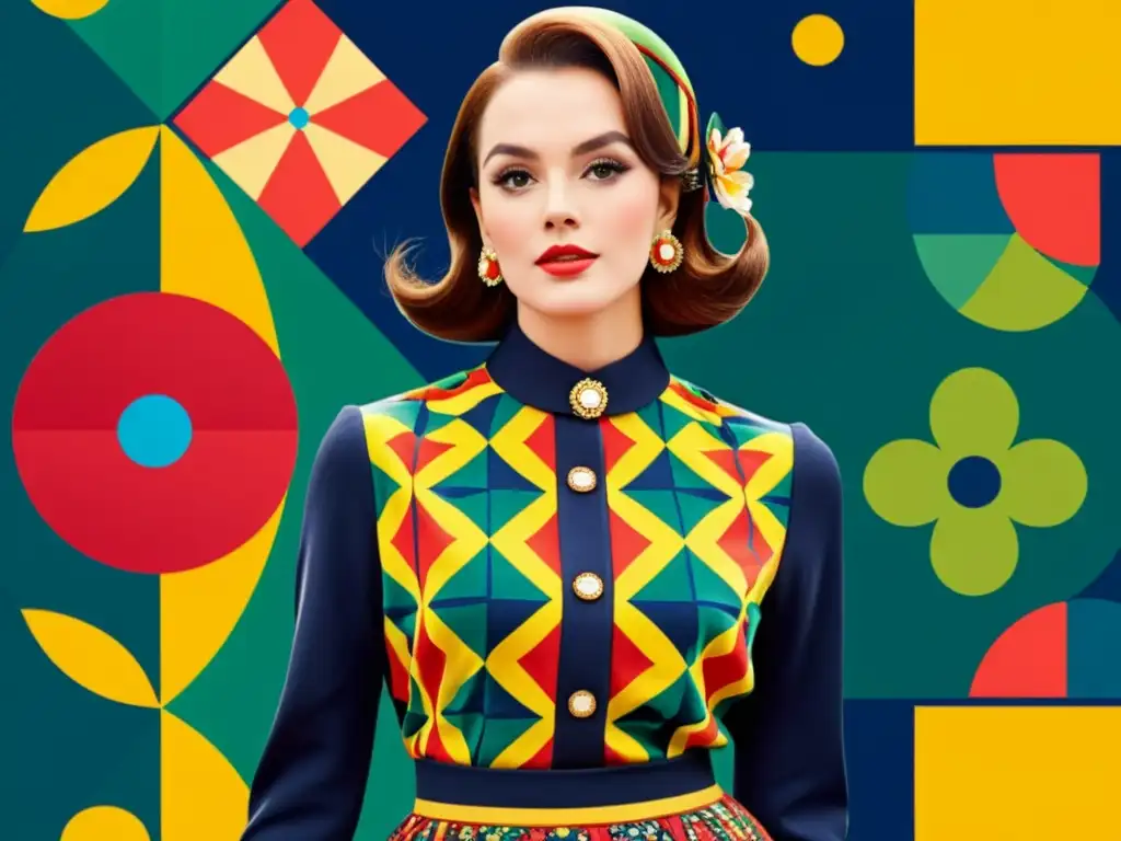 Anuncio vintage con patrones artísticos en campañas publicitarias, mujer elegante rodeada de diseño retro en colores vibrantes sobre fondo azul marino