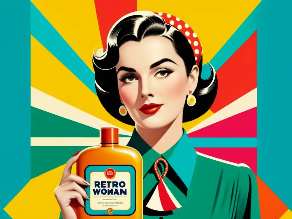 Anuncio vintage con patrones artísticos en campañas publicitarias, mujer retro y colores vibrantes evocando nostalgia y encanto