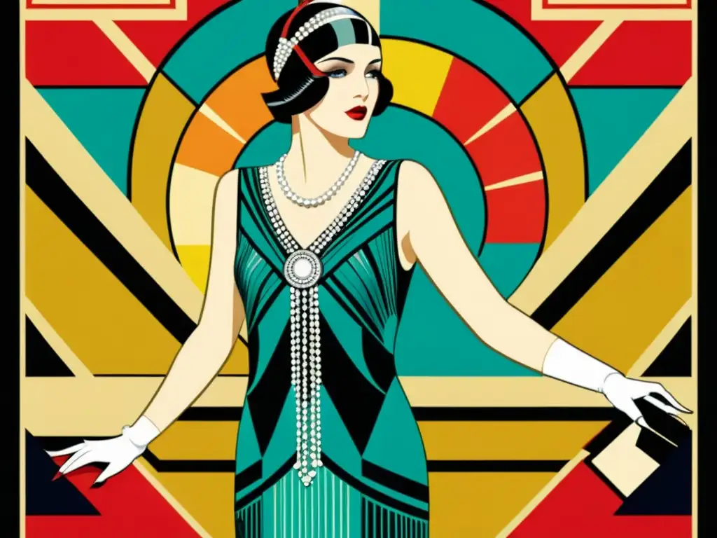 Anuncio vintage con patrones en campañas publicitarias, diseño art déco, mujer glamorosa, vestido estilo años 20 y colores vibrantes