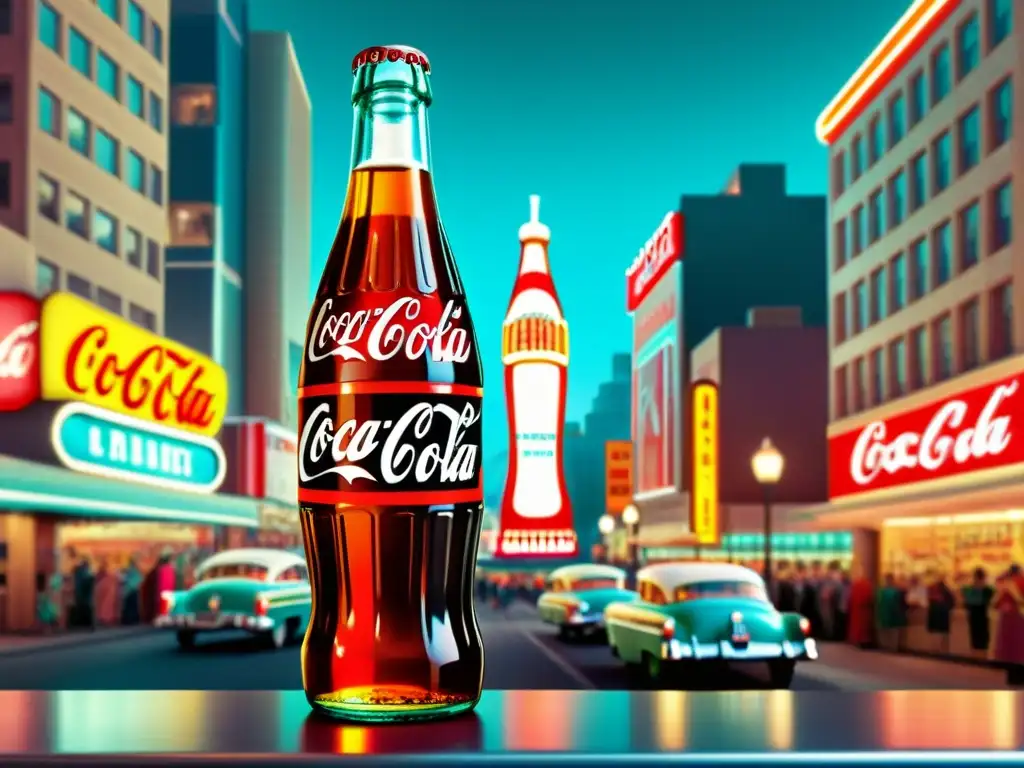 Un anuncio vintage de Coca-Cola con patrones clásicos en publicidad digital, en una bulliciosa calle de la década de 1950