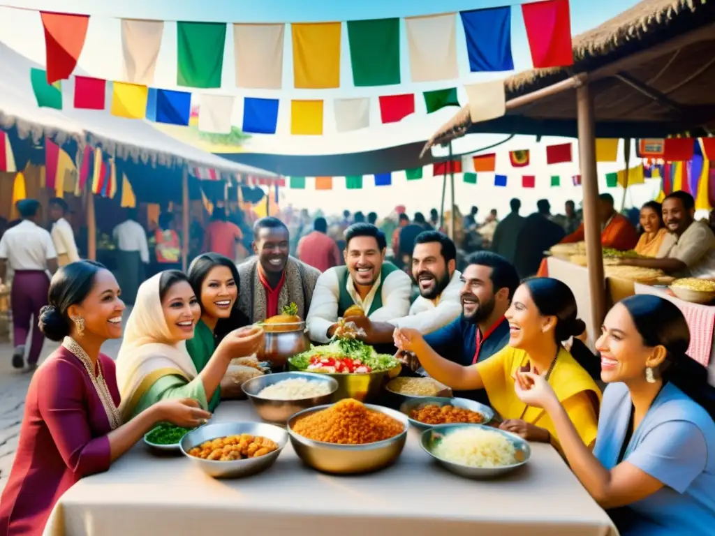 Anuncio vintage con patrones culturales en campañas publicitarias: diversidad, tradición y celebración en un bullicioso mercado multicultural