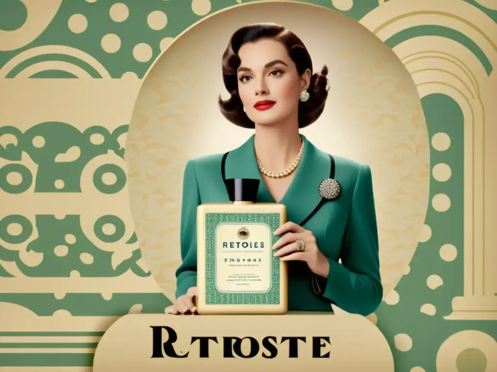 Anuncio vintage con patrones sutiles y mujer elegante, evocando impacto subliminal en publicidad