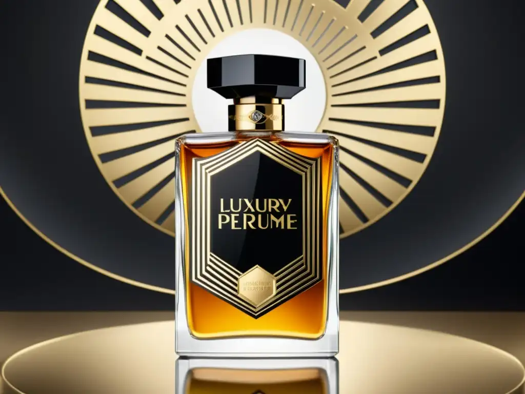 Anuncio vintage de perfume de lujo con patrones artísticos en publicidad, diseño art déco en oro y negro, ciudad opulenta