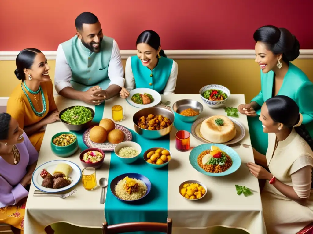 Un anuncio vintage con personas de diversas culturas compartiendo una comida, representando la inclusividad multicultural