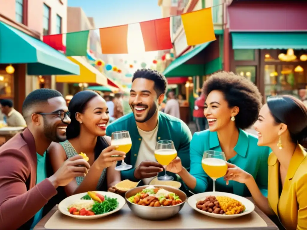 Un anuncio vintage muestra a personas de diferentes culturas compartiendo una comida y riendo juntas en una bulliciosa calle multicultural