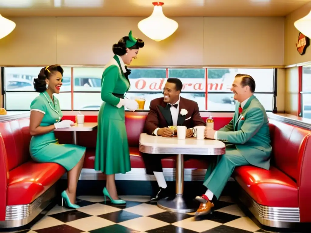 Un anuncio vintage con personas diversas compartiendo una comida en un diner de los años 50