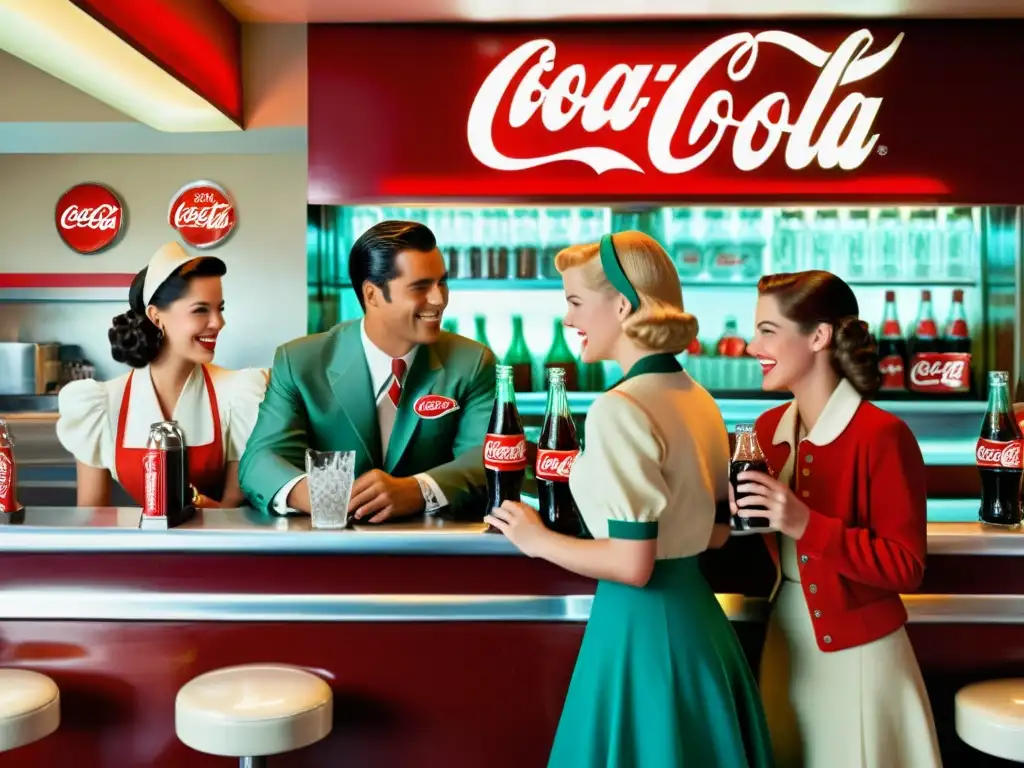 Un anuncio vintage de Coca-Cola muestra a personas disfrutando la soda en una fuente clásica