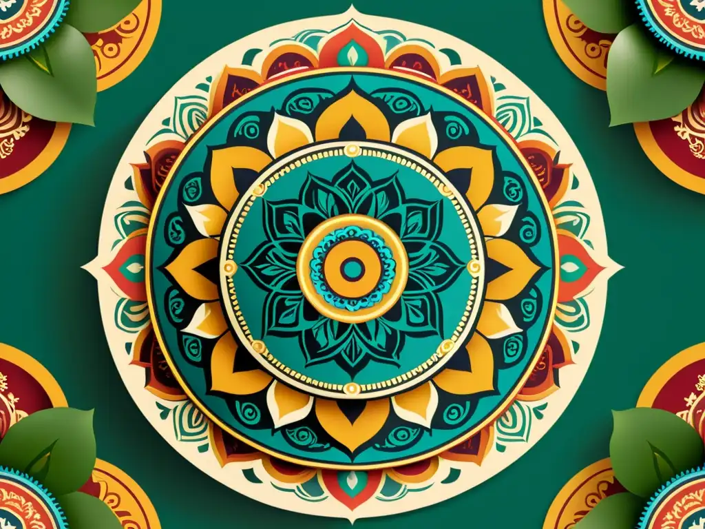 Anuncio vintage con mandala como punto focal, patrones intrincados y colores vibrantes