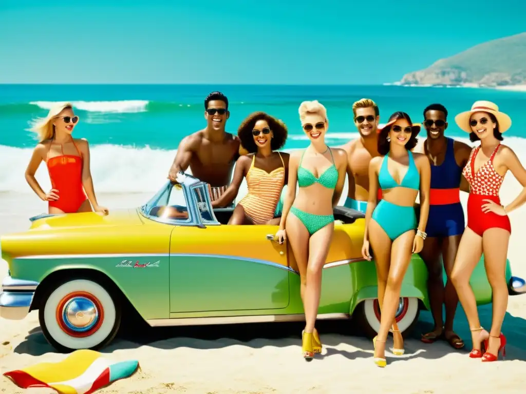 Un anuncio vintage de refresco con jóvenes en una fiesta en la playa, transmitiendo alegría y nostalgia