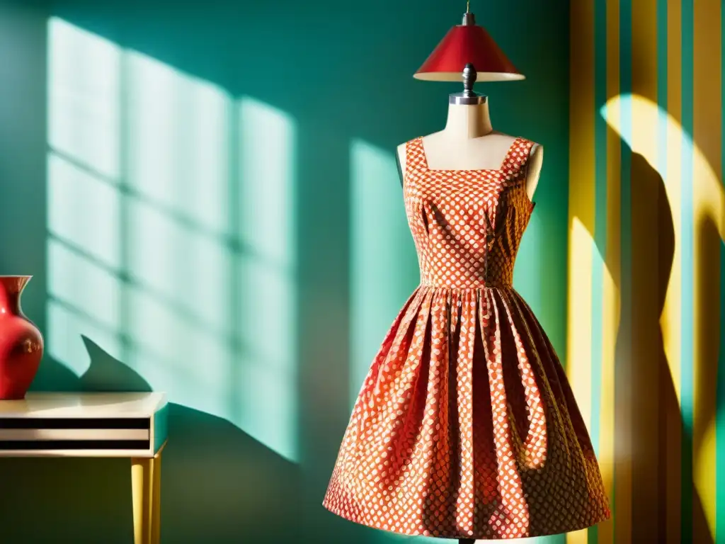Un anuncio vintage de textiles con un estampado llamativo en un vestido estilo años 50