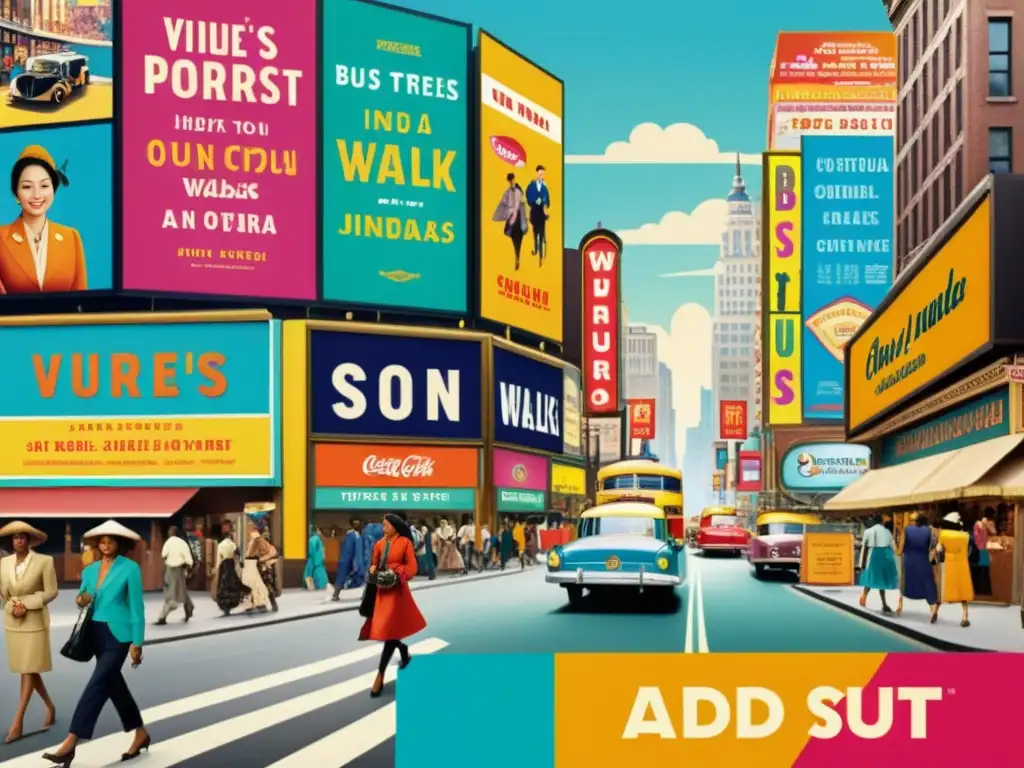 Anuncio vintage vibrante de la ciudad: diversidad cultural en movimiento Un anuncio vintage vibrante con patrones culturales en publicidad, reflejando diversidad y energía en la bulliciosa escena urbana