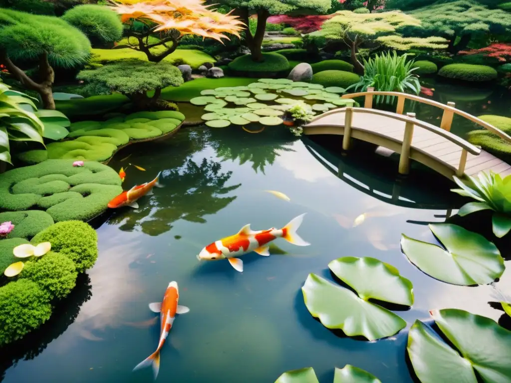 Un apacible jardín japonés con un estanque de koi y exuberante vegetación