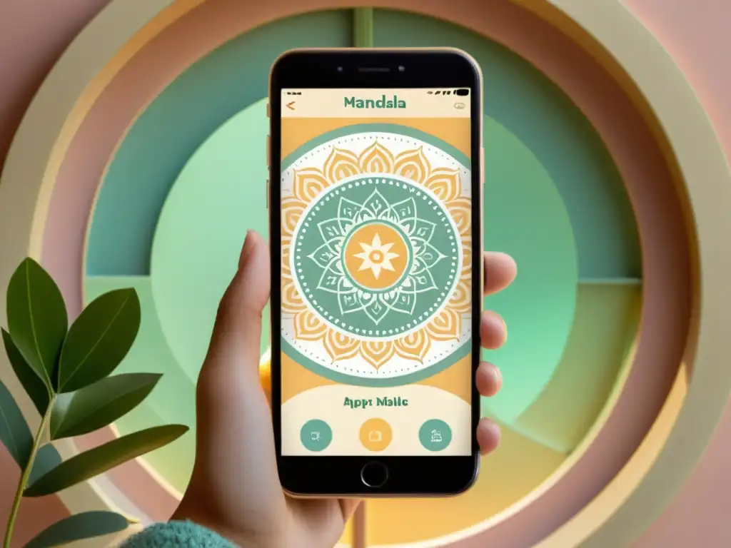 Aplicaciones para diseñar mandalas móviles: imagen vintage de una app en un smartphone, con patrones geométricos y colores pastel relajantes