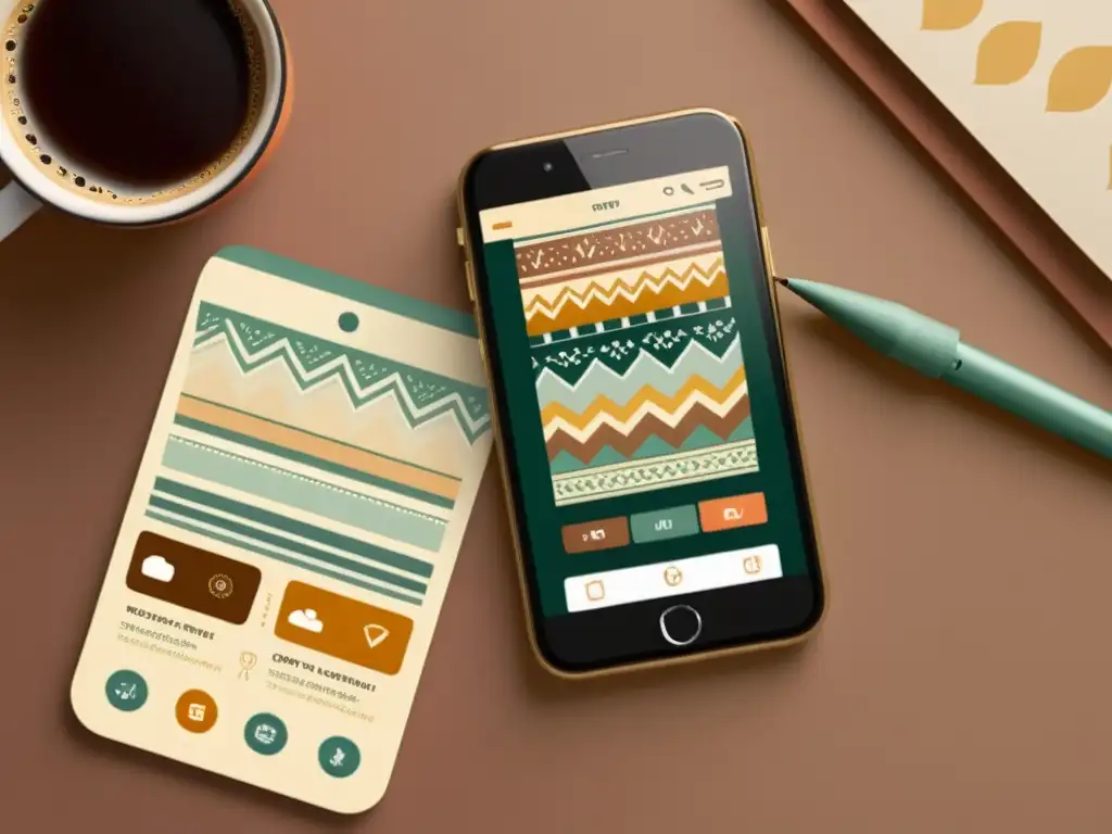 Una ilustración vintage de una app de diseño de patrones con una interfaz elegante y ambiente acogedor
