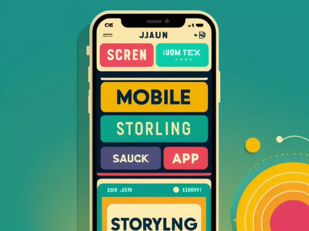 Una ilustración vintage de una app de narrativa visual en un teléfono móvil, con colores vibrantes, diseño intricado y patrones cautivadores