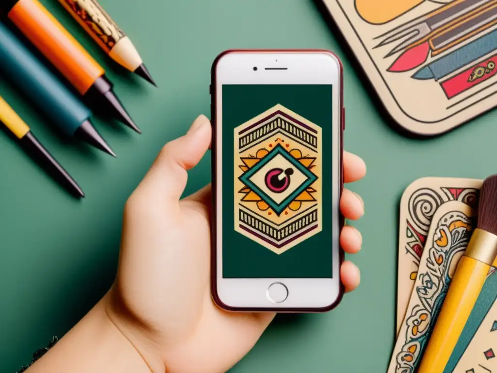 App para diseñar tatuajes temporales con patrones detallados y colores vibrantes en pantalla de smartphone inspirado en lo vintage