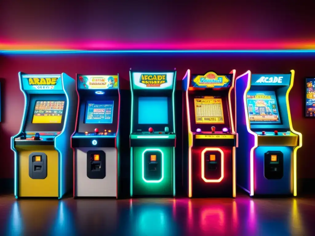 Un arcade vintage iluminado por luces de neón, con entusiastas de los videojuegos y patrones tradicionales en videojuegos contemporáneos