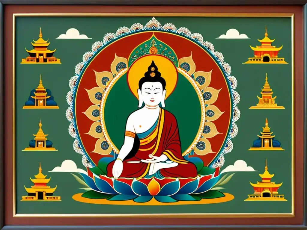 Thangka en Arcilla Budismo Cerámica: Pintura budista detallada en tonos terrosos, enmarcada en cerámica ornamental