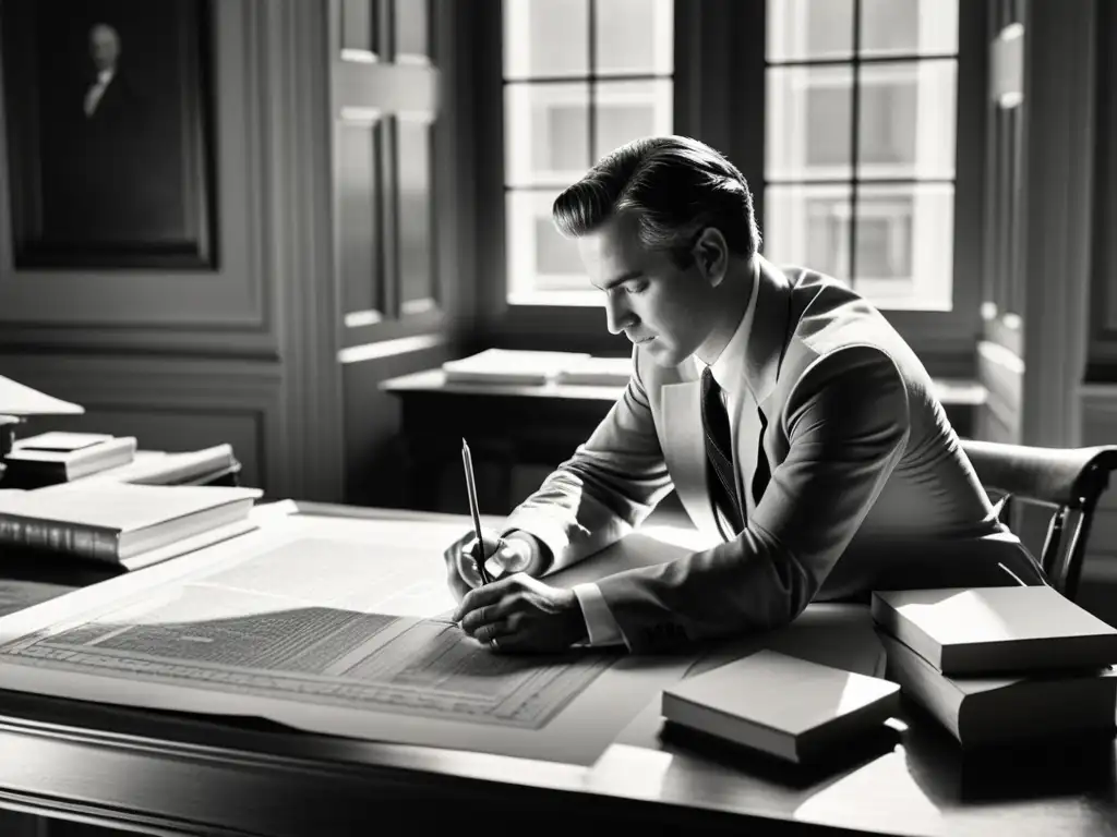 Un arquitecto detallando un plano neoclásico en su mesa de dibujo, rodeado de herramientas y libros