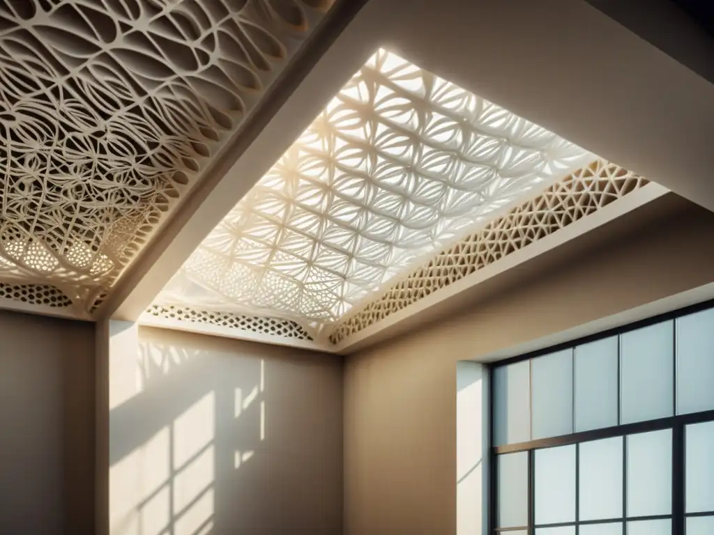 Arquitectura Textil con Impresión 3D: Detalle vintage de estructura textil suspendida en un espacio minimalista con sombras dramáticas