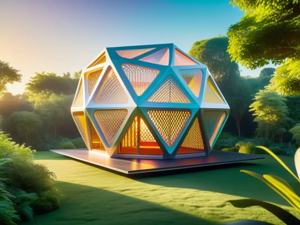 Arquitectura Textil con Impresión 3D: Una estructura futurista de colores vibrantes, iluminada desde dentro, destaca en un paisaje verde y sereno