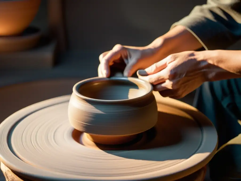 Arte ancestral: alquimia del esmalte tenmoku, manos expertas moldeando arcilla en un estudio iluminado, evocando tradición y maestría