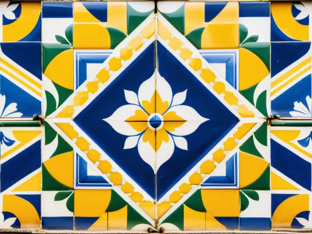 Arte de azulejos portugueses con diseño geométrico y motivos florales, iluminado por el cálido sol de Lisboa