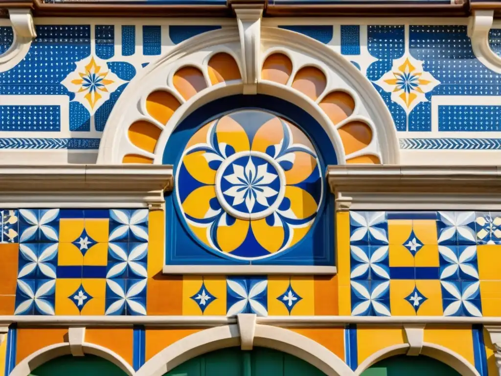 Arte azulejos portugueses diseño geométrico: Mural vintage con patrones y colores vibrantes, iluminado por el cálido sol