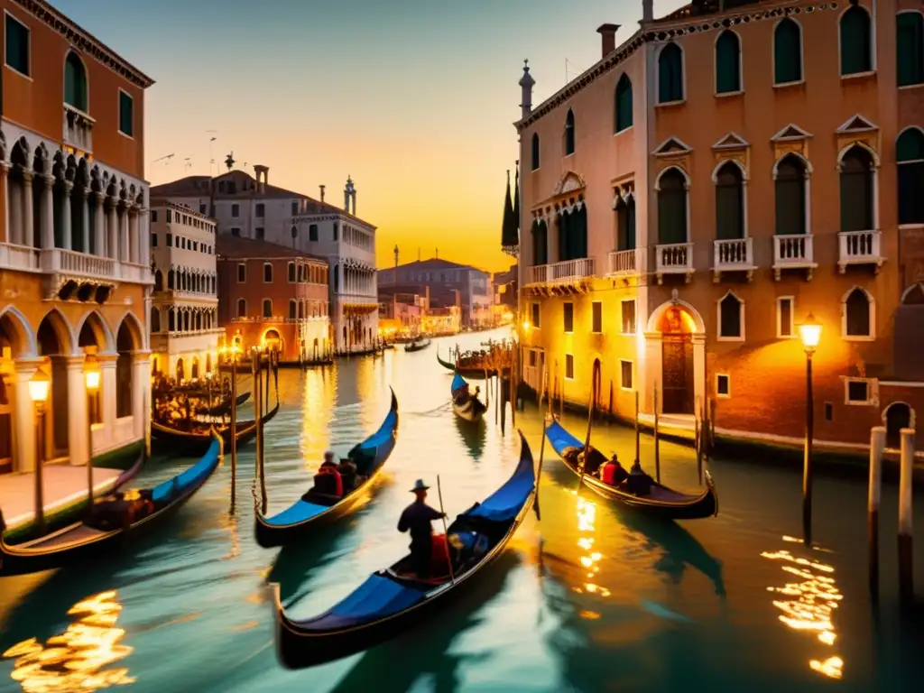 Arte en los Botes del Festival de Venecia: pintura vintage de góndolas en los canales, reflejos de la arquitectura y suave luz de linternas