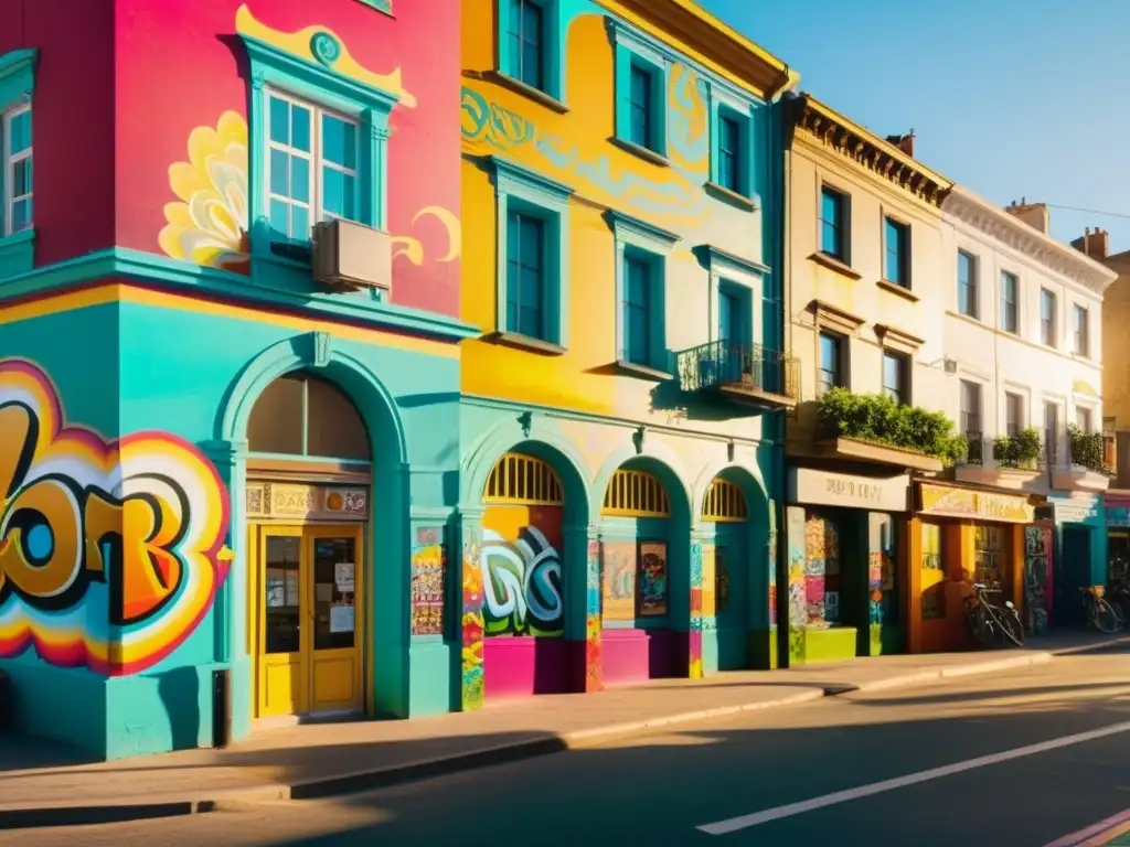 Arte callejero internacional con vibrantes patrones y colores en una bulliciosa esquina de la ciudad