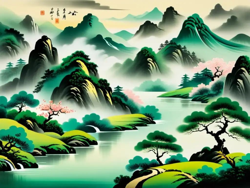 Arte chino: pintura de montaña, río y cerezos en tinta con influencia de Taoísmo y Budismo, reflejando armonía y equilibrio