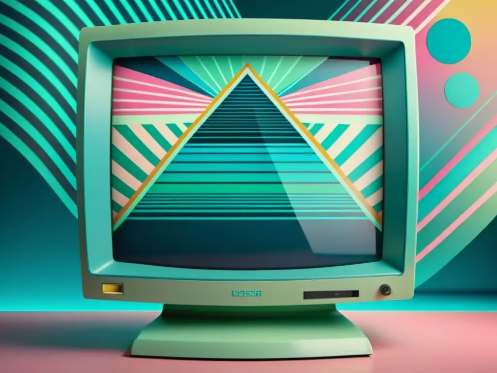 Arte conceptual con patrones hipnóticos y colores retro en monitor vintage