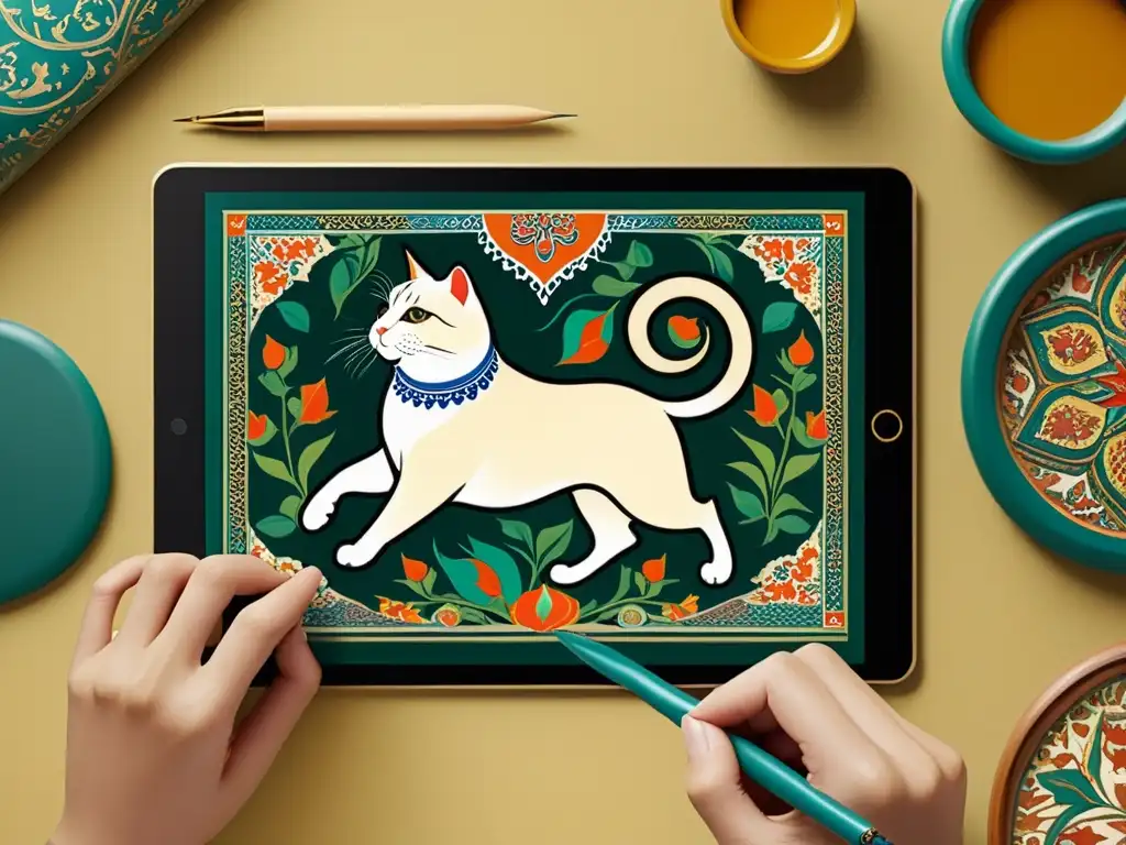 Arte persa ilustración digital contemporánea: Fusión de la tradición y la modernidad en una detallada recreación digital de una pintura persa en un tablet, con colores vibrantes y patrones intrincados