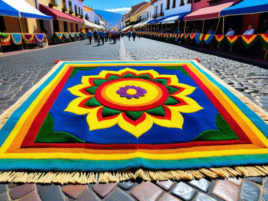 Arte efímero fiesta Corpus Christi: Calle vibrante con coloridas alfombras de aserrín, arreglos florales y tapices religiosos en La Orotava, Tenerife