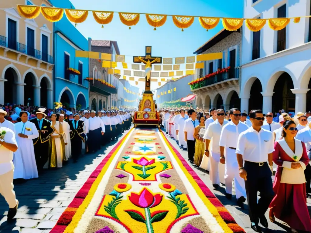 Arte efímero en procesión del Corpus Christi, con alfombras florales, estandartes coloridos y estatuas religiosas en calles adoquinadas