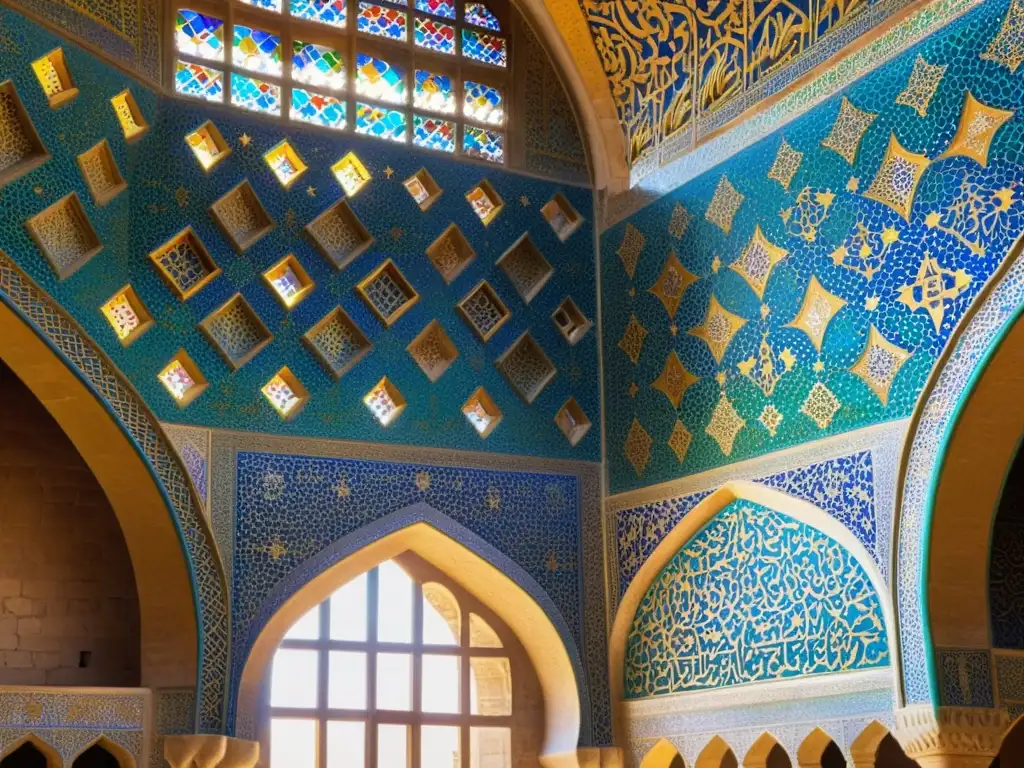 Arte geométrico en arquitectura persa: Detalle de los diseños mosaico de la Mezquita de Jameh en Isfahán con colores vibrantes y patrones simétricos, iluminados por la luz del sol