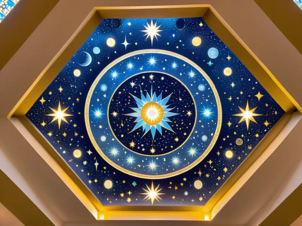 Espléndido mapa celeste en mosaico árabe Arte de mosaico árabe muestra la influencia de la astronomía con mapas celestiales, estrellas y planetas en un palacio antiguo