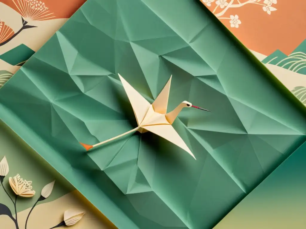 Arte japonés: papel origami con patrones de cerezo y grulla, evocando tradición y artesanía