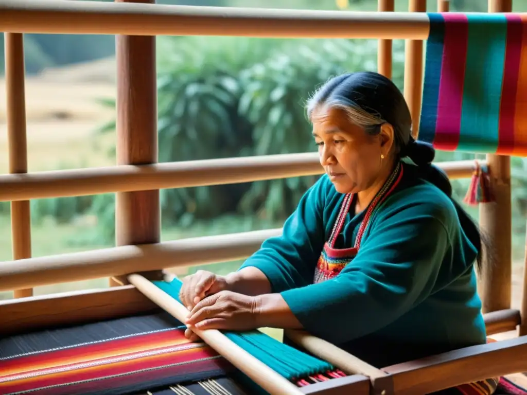 Arte del Telar Mapuche: Hábil tejedora en telar tradicional con coloridos hilos y motivos auténticos, envuelta en cálida luz solar