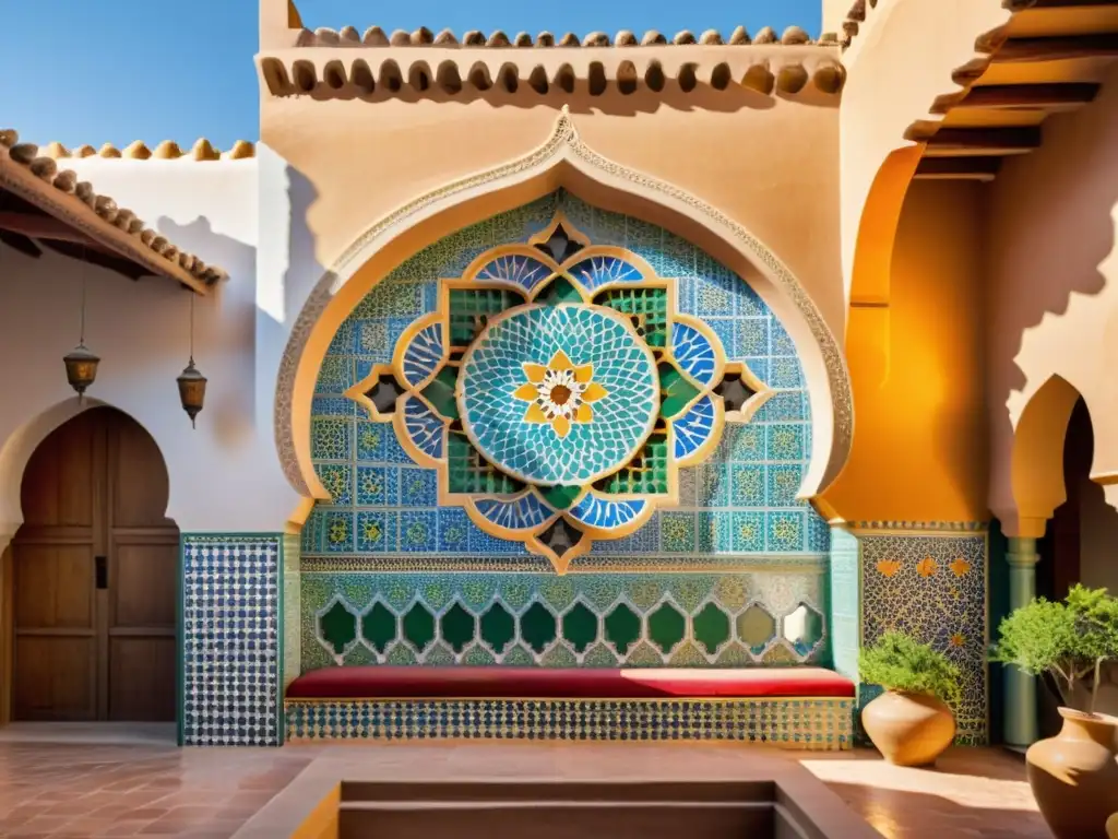 Arte marroquí: mosaicos de Marruecos en un patio tradicional, con diseños geométricos y motivos florales en colores vibrantes bajo la luz del sol