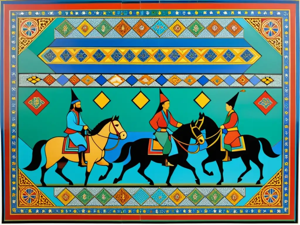 Arte mosaico árabe influencia mongol: Intrincado panel vibrante con escenas de la vida diaria y fusión cultural entre civilizaciones