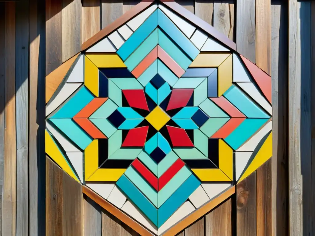 Arte de mosaico vintage con patrones y colores vibrantes, creado con materiales reciclados