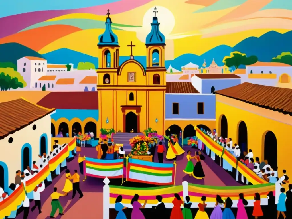 Arte popular fiestas patronales celebración: Pintura vintage de una animada fiesta patronal en una plaza tradicional de América Latina al atardecer, llena de color, energía y alegría