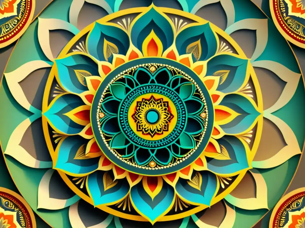 Arte mandala vintage con realidad aumentada para mandalas culturales, fusionando tradición y tecnología en una experiencia hipnótica