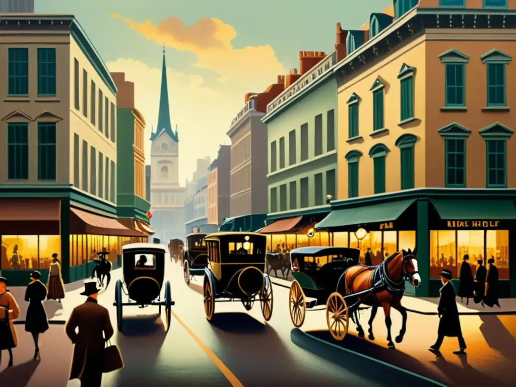 Arte con Realidad Aumentada en exhibiciones: Pintura vintage de una bulliciosa calle histórica, con detalles detallados y una atmósfera nostálgica