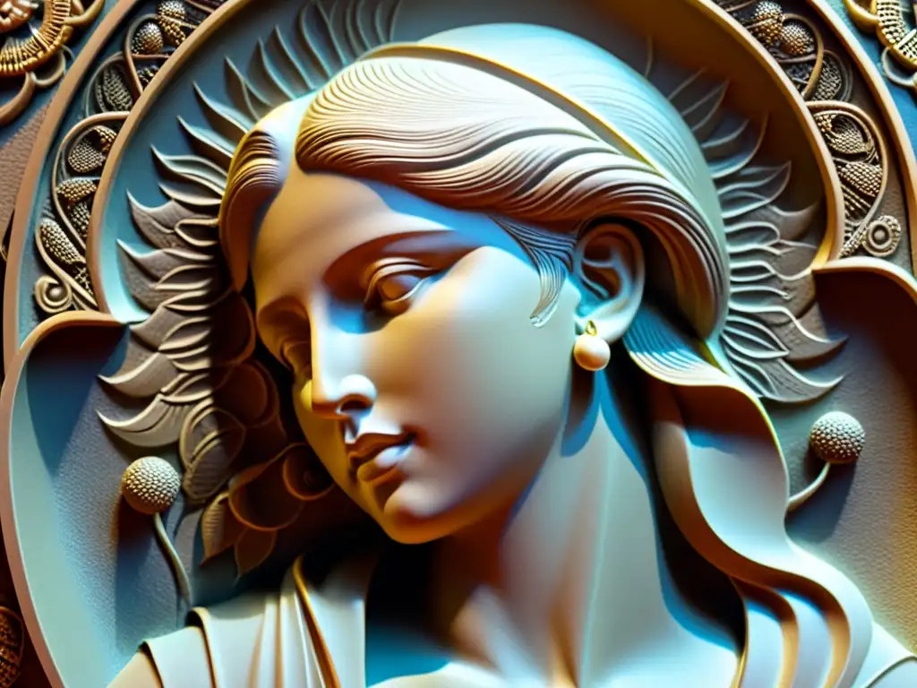 Arte en relieve con impresión 3D: Escultura vintage detallada en relieve, iluminación dramática y marco ornamental envejecido