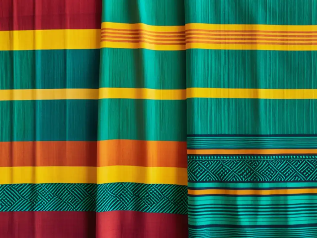 Arte resistencia cera África Occidental: Textil africano vibrante con patrones geométricos en colores tierra, realzado por la luz solar